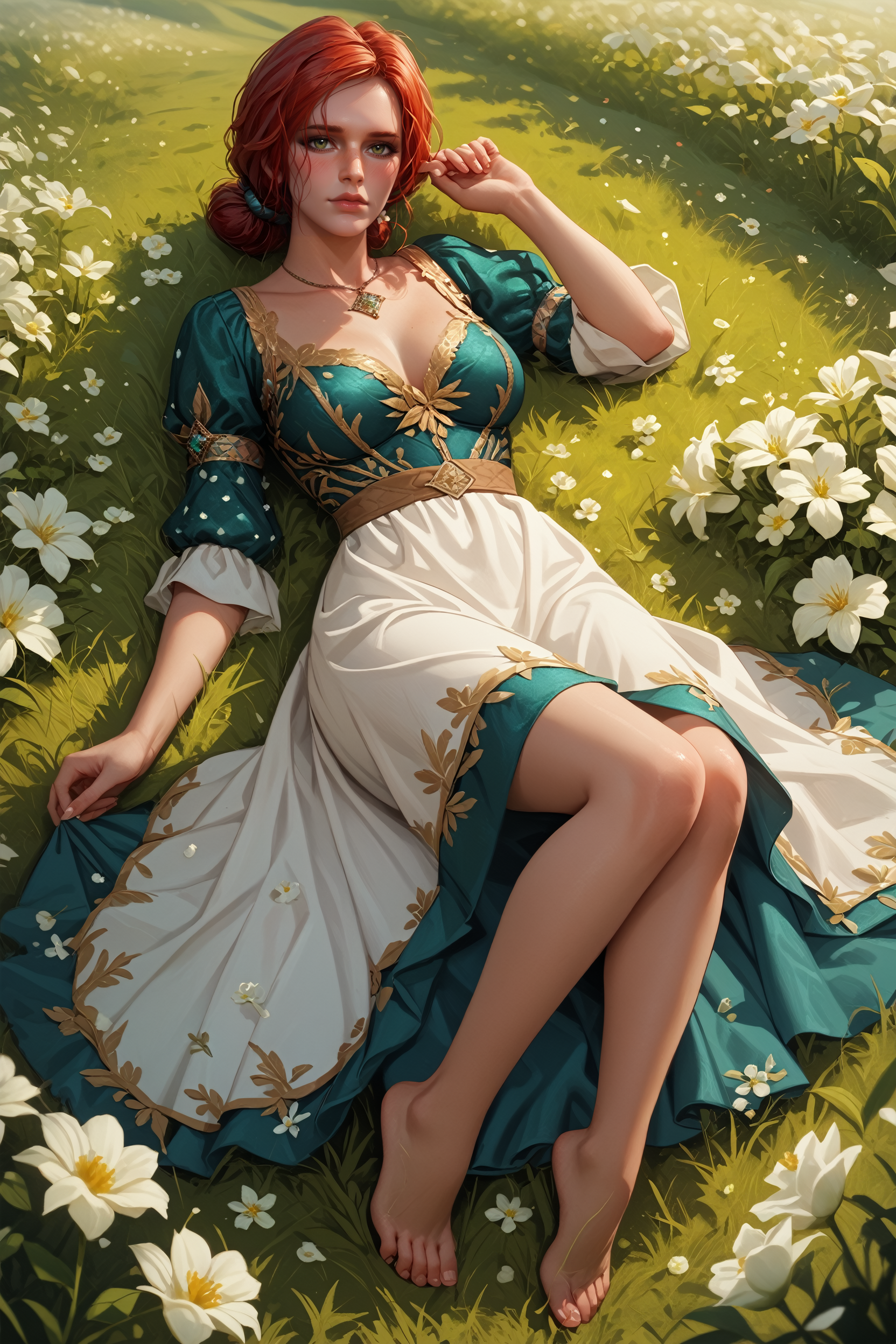 score_9, score_8_up, score_7_up,
<lora:TW3Triss:0.8>
TW3Triss, 1girl, red hair, green eyes, looking at viewer, lying down in a field of white flowers, dress, barefoot, looking at viewer, blushing