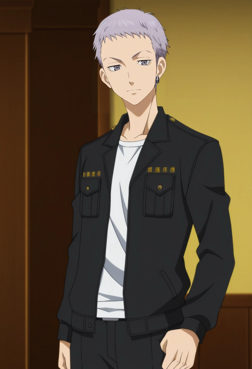 masterpiece, best quality, anime screencap, official style, anime coloring, cowboy shot, 1boy, solo, male focus, <lora:takashi_mitsuya_ilxl:0.96>, takashi_mitsuya, grey hair, grey eyes, short hair, , white shirt, black jacket,