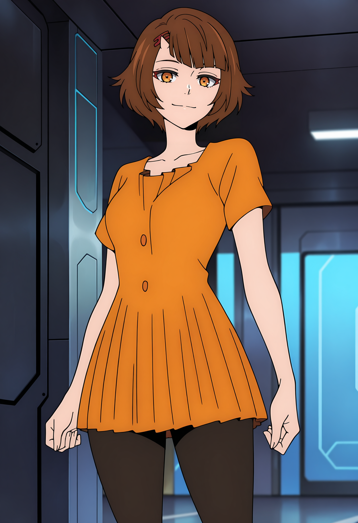 anime screencap, masterpiece, best quality,
<lora:TowerOfGod_Endorsi_IlluXL:0.9>,
1girl, solo, closed mouth, light smile, grin,
short hair, blunt bangs, brown hair, orange eyes, hairclip, single horn,
orange dress, buttons, pleated sleeves, short sleeves, black pantyhose,
aged up, looking at viewer, cowboy shot,
night, indoors, science fiction, dark, blurry background