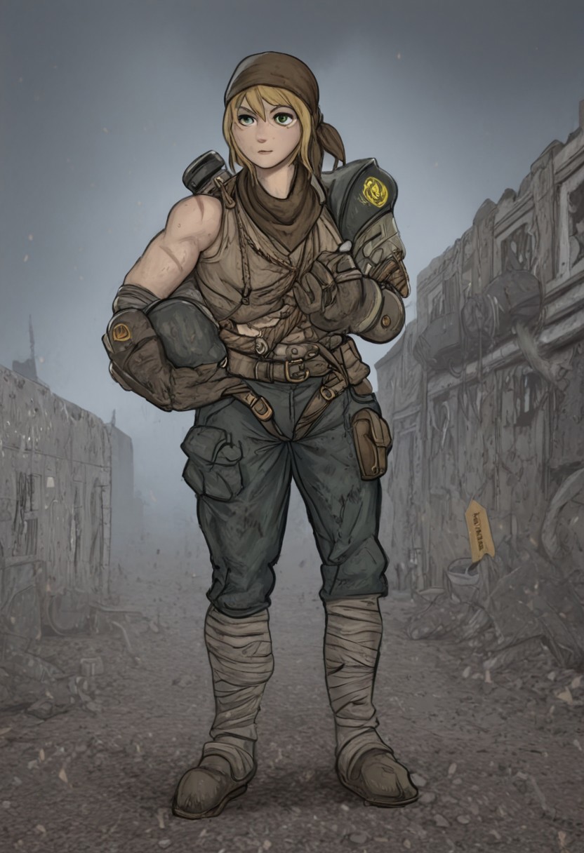 1girl, deathclaw girl, young body, young face, abs, cute, standing, posing, blonde, green eyes, solo, dramatic lighting, (post apocalyptic background:1.6), ruined buildings, debris, overcast sky, dust particles, layered makeshift armor, incorporating scavenged metal plates, reinforced with leather straps, riveted joints, asymmetrical design, repurposed vehicle panels, visible weld marks, hammered textures, signs of wear and tear, scratched paint, embedded dirt, padded lining visible at edges, shoulders reinforced with repurposed street signs, patchwork pants made from salvaged denim, canvas, and burlap, reinforced with visible stitching, strategically placed patches for durability, different shades of blue and brown, torn edges purposefully frayed, leg wraps constructed from repurposed rope and strips of cloth, secured with tight knots and overlapping layers, creating a textured and functional design, a single, reinforced glove on her dominant hand, small pouches attached to belt for carrying tools/scraps, bandana around neck to protect from dust, exposed stitching with thick thread, intentional layering for warmth and protection, visible signs of constant repair and modification, subtle color variations within the fabric due to sun-fading and wear, a small, scavenged metal pauldron on one shoulder, gas mask filter, attached to clothing, tubes, worn, survival gear, scrap metal, patched fabric, rough stitching, wasteland