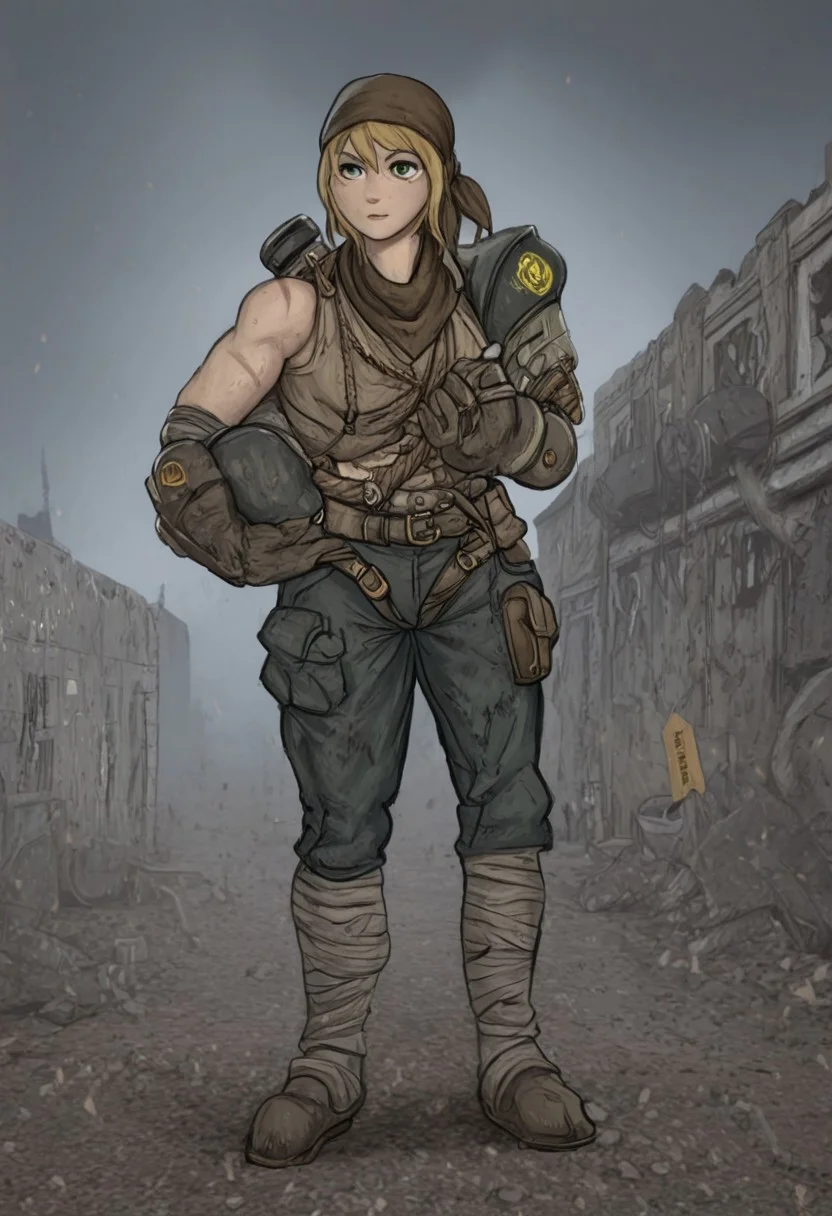1girl, deathclaw girl, young body, young face, abs, cute, standing, posing, blonde, green eyes, solo, dramatic lighting, (post apocalyptic background:1.6), ruined buildings, debris, overcast sky, dust particles, layered makeshift armor, incorporating scavenged metal plates, reinforced with leather straps, riveted joints, asymmetrical design, repurposed vehicle panels, visible weld marks, hammered textures, signs of wear and tear, scratched paint, embedded dirt, padded lining visible at edges, shoulders reinforced with repurposed street signs, patchwork pants made from salvaged denim, canvas, and burlap, reinforced with visible stitching, strategically placed patches for durability, different shades of blue and brown, torn edges purposefully frayed, leg wraps constructed from repurposed rope and strips of cloth, secured with tight knots and overlapping layers, creating a textured and functional design, a single, reinforced glove on her dominant hand, small pouches attached to belt for carrying tools/scraps, bandana around neck to protect from dust, exposed stitching with thick thread, intentional layering for warmth and protection, visible signs of constant repair and modification, subtle color variations within the fabric due to sun-fading and wear, a small, scavenged metal pauldron on one shoulder, gas mask filter, attached to clothing, tubes, worn, survival gear, scrap metal, patched fabric, rough stitching, wasteland