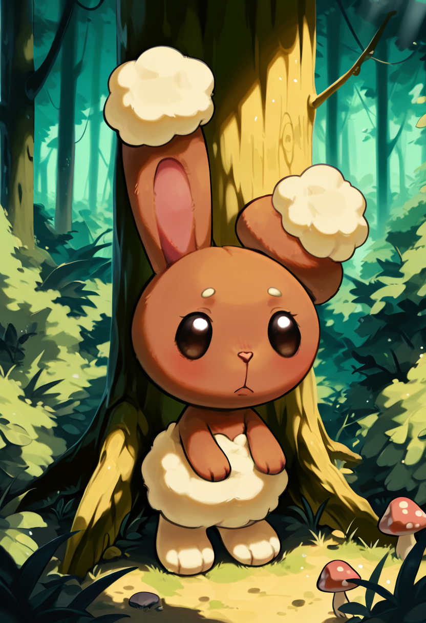 masterpiece, best quality, no humans,    zzBuneary, round eyes, soft fur, forest floor, mushrooms, tree roots, gentle lighting, cautious pose, hidden nook, curious expression â Nestled beside a cluster of toadstools and twisting tree roots, Buneary peeks out from a hidden forest nook. Dappled sunlight filters through the canopy above, glinting on her curious eyes as she tilts her head at a passing leaf. Her tiny nose twitches as she sniffs the air, surrounded by mossy logs and the quiet magic of the woods.  <lora:BunearyPokedex_IXL:1.0>,