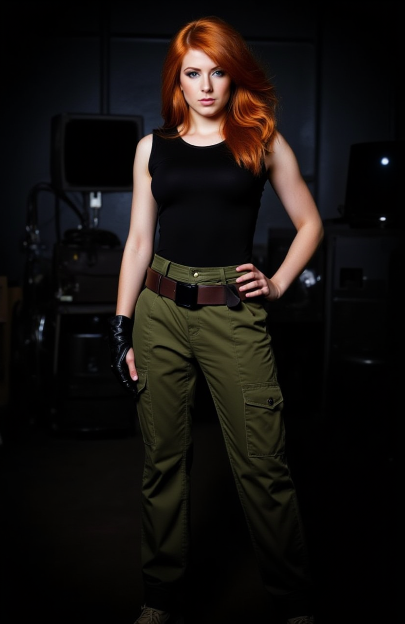 Kim Possible, a highly skilled and resourceful teenage operative, stands confidently in her signature green cargo pants and black tank top, her voluminous auburn hair cascading freely around her shoulders. Sheâs in the middle of a high-stakes mission, infiltrating a high-tech facility at night. Her expression is focused, her sharp eyes scanning the area for threats. The dim glow of security monitors reflects off her face as she uses her high-tech wrist communicator to coordinate with her partner, Ron Stoppable. The atmosphere is tense, with shadows stretching across the room and the faint hum of machinery in the background. Kimâs athletic build and determined posture make it clear sheâs ready for anything. <lora:Kim_Possible:1> k1m, outfit, top