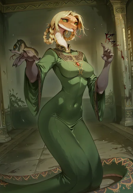 masterpiece,best quality,amazing quality, indoors, pillar
<lora:Anthropomorphic_snakes_Naga:1> anthropomorphic_snakes_(naga),
ry4, blonde hair, braid, green eyes, braided hair rings, mole under mouth, slit pupils, solo
green dress, wide sleeves
smile, forked tongue, long tongue, tongue out, closed mouth, looking at viewer, grin, smug,
black aura, black energy, blood stain, casting spell, dynamic pose, foreshortening,
snake pose, fighting stance, standing,
dynamic pose, menacing, dutch angle, dynamic angle
<lora:Rya:1>, <lora:forkedtongue_Illust_v1:1>, <lora:LoRASnakePoseNoobAIXLvPred:1>, <lora:Chinoiserie_Illu_Style:1> Chinoiserie, no humans, colored skin, fangs, facial mark, slit pupils, furry, colored sclera, black sclera, snake, scales, furry female, multicolored skin, snake girl, alien, lamia, squama, Snakegirl, Chinoiserie, <lora:reptiloids_sdxl_v05_495-15-0:0.4> reptiloid, snake head,