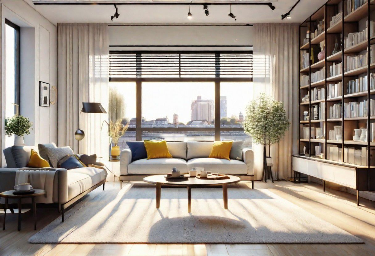 ((front view)), Shallow scene, ((animation style)), modern-style interior, with white walls, (large windows), Nordic-style furniture, a  study, Sofa, coffee table, bookcase, single wall, 
warm light morning sun, (the view of the city)
