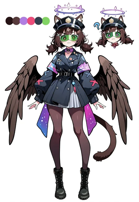 masterpiece, white background, zoomed out, fullbody, best quality, highres, absurdres 1person, human, solo, black police cap, red spiky collar, halo, ((horns)), (cat ears), :3 mouth, green scouter visor, visor over 1 eye, feathered wings, ((purple primary colour)), big eyelashes, wide eyes, doe eyes, multicolor fairy lights, multicolor fairies, in frame, modest clothing, (((X shaped pupils))), (((white X shaped pupils))), low pigtails, fluffy spiky hair, dark hair, character reference, ((one eyebrow up one eyebrow down)), questioning expression, suspicion expression, cool jacket, skirt, (extra surprised expression), combat boots, 1 set of sleeves, almondeye