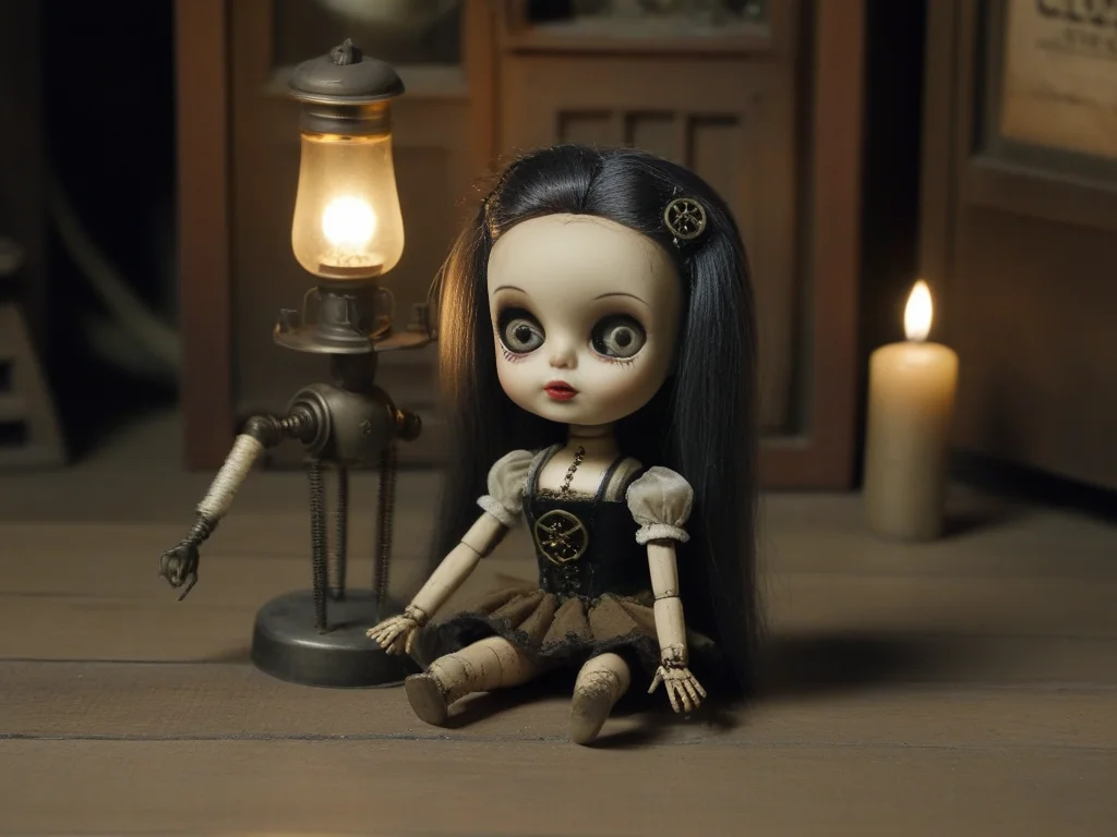 <lora:LowBrowXL:1>, creepy punk style and steampunk style 6lowbrow dolls, abandoned toy shop, cobwebs, lowbrow dolls on the dusty floor, dim candlelight, unsettling stillness, in the style of lowbrow, Ultra-HD-photo-same-realistic-quality-details,