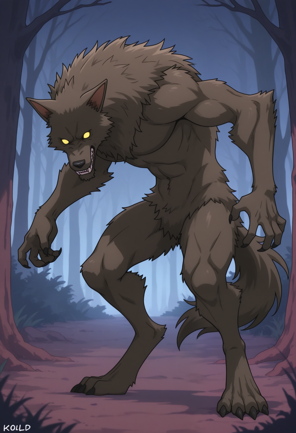 masterpiece,best quality,amazing quality, 1boy, solo, k0b0ld, werewolf, brown fur, colored sclera, no pupils, tail, full body, outside,