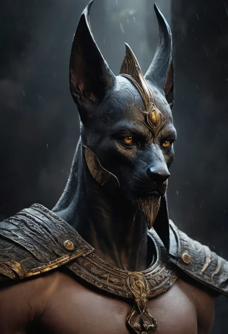 Photorealistic oil painting (masterpiece, best quality, stunning, highly detailed,artwork Fantasy art by Aleksi Briclot,high-contrast palette, (film grain),ultrarealistic 4k,photoart_style, (portrait of a evil Anubis in style of god of war),realistic,,dark black tone,Cinematic Lighting, movie-level texture,.(style of Aleksi Briclot:1.3), trending on artstation