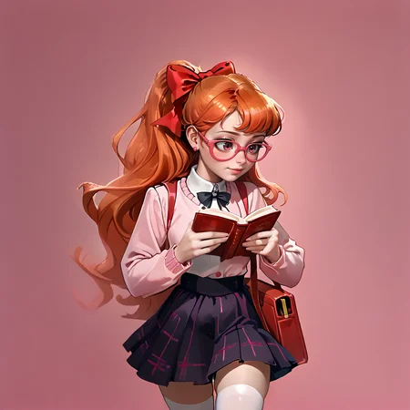 zPDXL2,pink background,<lora:pony_good_hands:0.8>,good hands,<lora:TeenBlossom:0.8>,TeenBlossom,1girl,solo focus,long hair,orange hair,very long hair,reading,pink glasses,looking down,walking,red bookbag,<lora:ChamShuujinAcademyUniformPonyXL:0.8>,GirlUniform,shuujin academy school uniform,pink blazer,plaid skirt,white thighhighs,<lora:back_hair_bow-PD-1.0-full:1>,back hair bow,red bow,pink hair flower,ponytail,straight hair,cute face,<lora:mb_styles_DOLLS_v2:0.8>,