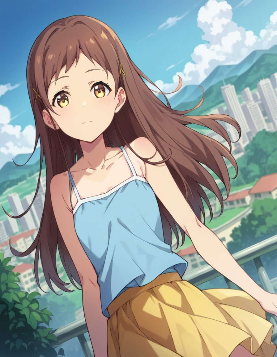 score_9, score_8_up, score_7_up, source_anime,
chiesayama, <lora:chie-sayama-ponyxl-lora-nochekaiser:1>
chie sayama, brown hair, yellow eyes, hair ornament, hairclip,
camisole, blue camisole, bare shoulders, collarbone, skirt, yellow skirt,
outdoors, cityscape,
looking at viewer, dutch angle, cowboy shot,