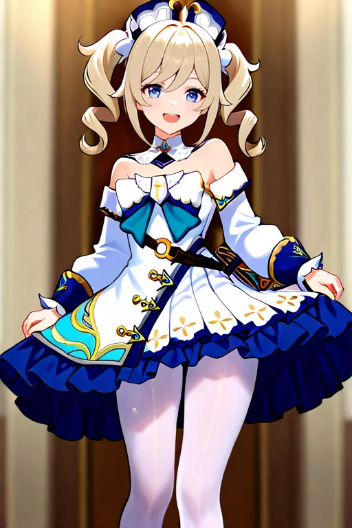 masterpiece, High quality, Ultra detailed, 2d, newest, absurdres, highres, BREAK
1girl, solo, <lora:barbara:0.8>, barbara_(genshin_impact), twintails, drills hair, blonde hair, white headwear, blue eyes,
medium breasts, barbaradef, detached collar, bare shoulders, bow, frilled dress, strapless dress, white dress, strapless, long sleeves, detached sleeves, white pantyhose,
standing, smile, open mouth, looking at viewer, hand up,
