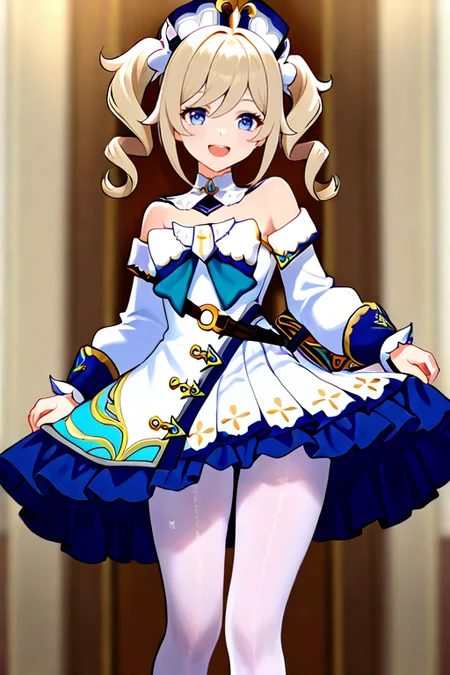 masterpiece, High quality, Ultra detailed, 2d, newest, absurdres, highres, BREAK
1girl, solo, <lora:barbara:0.8>, barbara_(genshin_impact), twintails, drills hair, blonde hair, white headwear, blue eyes, 
medium breasts, barbaradef, detached collar, bare shoulders, bow, frilled dress, strapless dress, white dress, strapless, long sleeves, detached sleeves, white pantyhose, 
standing, smile, open mouth, looking at viewer, hand up,