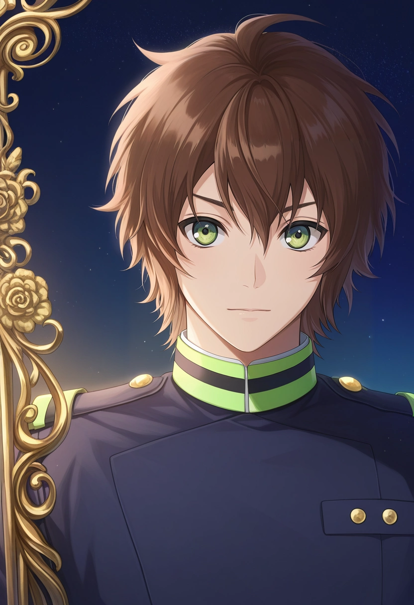 masterpiece, best quality, intricate details, semi-realistic, looking at viewer, 1boy, solo, male focus, <lora:yoichi_saotome_ilxl:0.9>, yoichi_saotome, brown hair, green eyes, short hair, ,