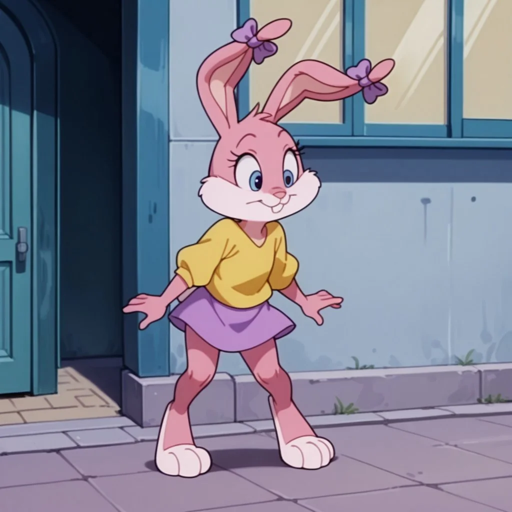 masterpiece, best quality, amazing quality, babsttail, anthro, female, rabbit, pink fur, blue eyes, yellow shirt, purple skirt, purple bows, standing, outside