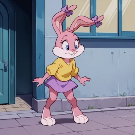 masterpiece, best quality, amazing quality, babsttail, anthro, female, rabbit, pink fur, blue eyes, yellow shirt, purple skirt, purple bows, standing, outside