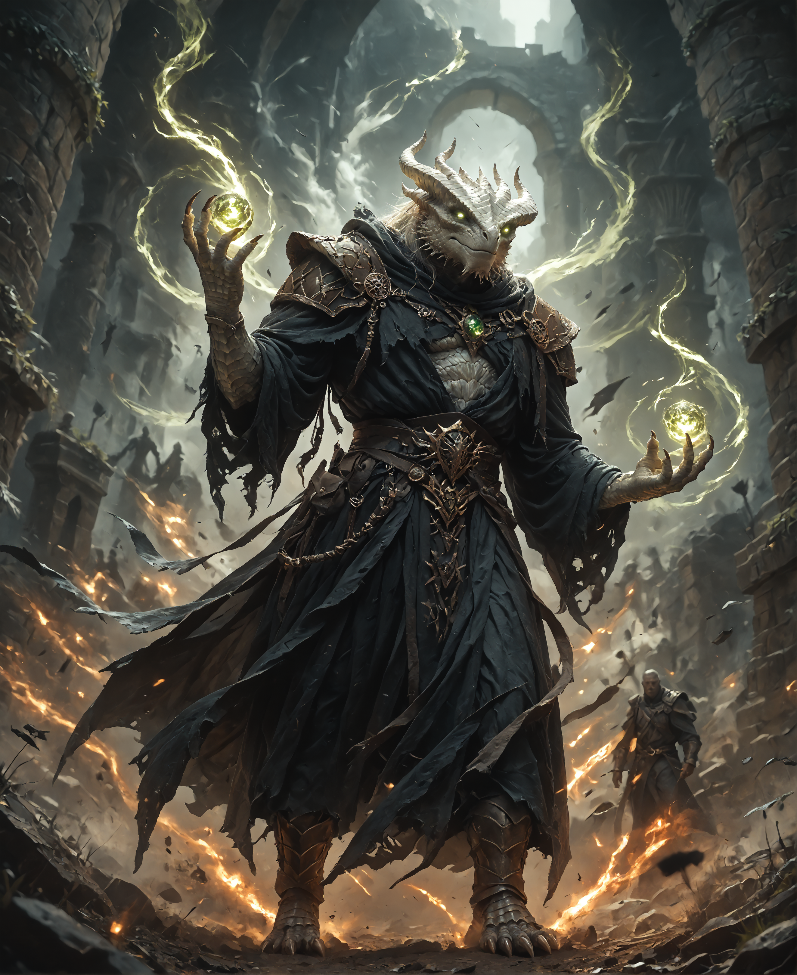 perfect_aesthetic, score_9, score_8_up, score_7_up, score_6_up, full body portrait of (male, evil magican dragonborn dragon warlock dark priest at the battlefield, time keeper), dark priest, necromancer, surrounded by dark necrotic energy, sinister look, surrounded by dark misty aura, dark fog, darkness manipulation, (green magic, green energy:1.35), (Cursed Mark, scar on eye, warlock robe), black body, black scales, silver scales, blackened silver scales, gradient scales, scaled hands, 4 fingers, claws, silver eyes, demonic eyes,  muscular, extreme perspective shot, sorcery, amulet with green gem, ball marking, silver markings, big scaled chest, multiple horns, horn jewelry , shoulder armor, pauldrons, chestplate, (Old wounds, sandclock, scars, mutilated body)

(three-quarter view, perspective, dutch angle, photorealism:1.2), (Dust and ash in the air), dark magic, (dark underworld background, fantasy, detailed, high quality, best quality), (Concept Art Twilight:1.2) vivid colors, shallow depth of field, vignette, highly detailed, epic, gorgeous, film grain,