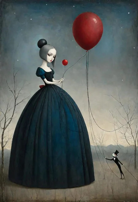 Neo Surrealism, overwhelmed by reason, by Gabriel Pacheco and Max Ernst, existential residues dark shines surrealism, deep blue, gray and dark red color scheme, fantasy Victorian art, magical realism bizarre art, pop surrealism, like Alice in wonderland, whimsical art. Generate an illustration of an anime puppeteer manipulating shadows and strings, symbolizing the art of puppeteer moves in dark psychology. The figure should have a mysterious aura.