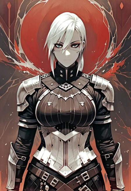 zPDXLrl, score_9, score_8_up, score_7_up, SignalisArtStyle, masterpiece, best quality,pale skin,detailed face and eyes, long silky hair, ember eyes, ample curves, inviting, perfect hands, large breast,standing,battle pose,armor,warrior