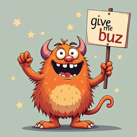 cute monster holding a sign say "give me buzz"