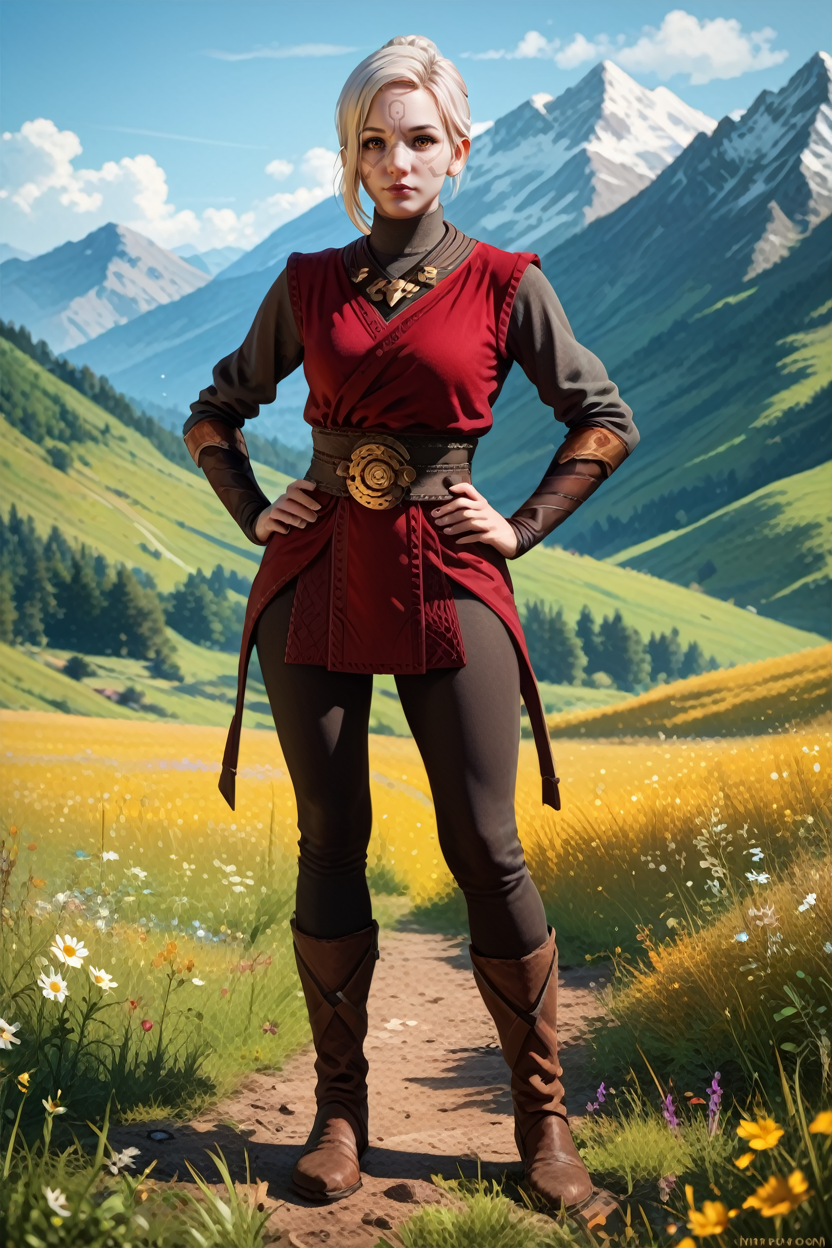 score_9, score_8_up, score_7_up,
<lora:StarMerrin:0.8>
StarMerrin, 1girl, white hair, face paint, brown eyes, looking at viewer, hands on hips, mountains, field, full body