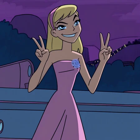 score_9, solo, kit_tt, blonde hair, hairband, blue eyes, strapless dress, smirk, v, outdoors, night,