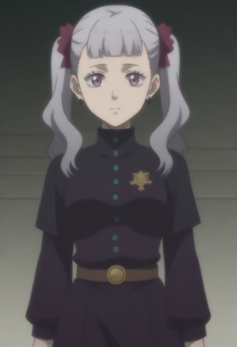 source_anime, anime screencap, source_anime, auratheguillotine, anime screencap, masterpiece, source_anime, shiny skin,,,,,,<lora:noellesilva-pdxl-nvwls-v1-000005:1> noelle silva, grey hair, purple eyes, twintails, hair ribbon, black capelet, green strap, white and purple dress, long sleeves, belt,