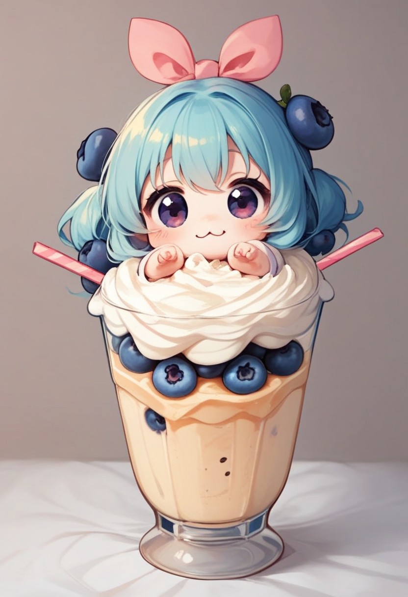 score_9, score_8_up, score_7_up, best quality, fine detail, 1girl, solo, cute, (milkshake chibi), chibi, in glass, blueberry