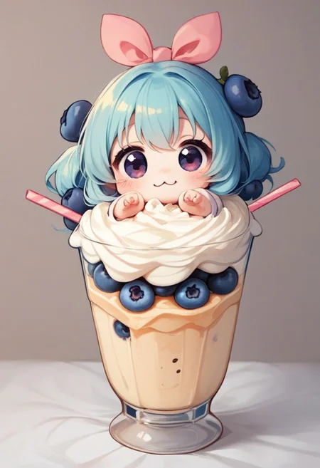 score_9, score_8_up, score_7_up, best quality, fine detail, 1girl, solo, cute, (milkshake chibi), chibi, in glass, blueberry
