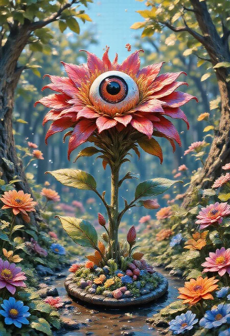 SmoothNoob_Quality,alien world, alien flower, multicolored flowers, walking eyeball, no humans, rain, bubbles, <lora:Smooth_Booster:0.5>
