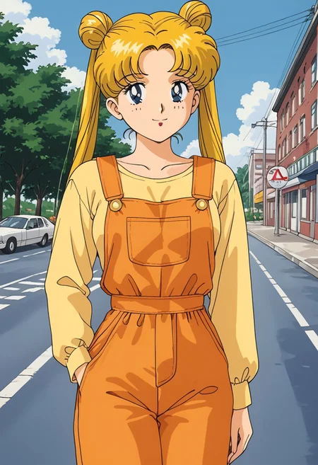 retro art style, solo, Tsukino Usagi, 1 girl, blue eyes, parted bangs, long hair, blonde hair, two pigtails, double buns, very long hair, medium breasts, (orange overalls, short pants overalls, yellow blouse, long sleeves), cowboy photo,  street background