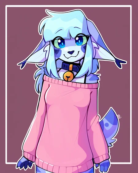 score_9_up, score_8_up, score_7_up, score_6_up, by remanedur, furry female, floppy ears, by remanedur, half-length portrait, sidelocks, female, furry, blue eyes, bell collar, blue hair, oversized sweater, off shoulder sweater, tail, medium breasts, bra strap, looking at viewer, head tilt, solo, happy, smile, three-quarter view, simple background, white outline, <lora:Leah_Pines(AIM)_XL_v1:0.15> <lora:PDXL_artist_tags_v2_big:0.5> <lora:The-Minuscule-Task_PDXL_v1.0:0.6> <lora:Lenix_lenix_tt:0.7>