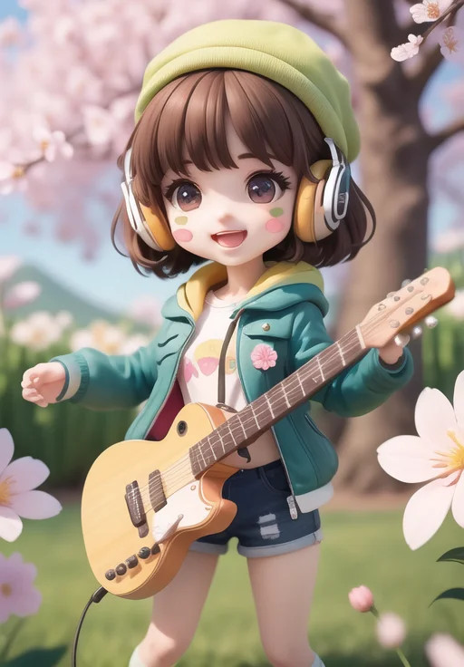 (masterpiece),(best quality),(ultra-detailed), (full body:1.2), 1girl,chibi,cute, smile, open mouth, flower, outdoors, playing guitar, music, beret, holding guitar, jacket, blush, tree, :3, shirt, short hair, cherry blossoms, green headwear, blurry, brown hair, blush stickers, long sleeves, bangs, headphones, black hair, pink flower, (beautiful detailed face), (beautiful detailed eyes), <lora:blindbox_V1Mix:1>