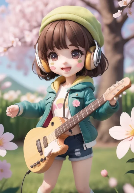 (masterpiece),(best quality),(ultra-detailed), (full body:1.2), 1girl,chibi,cute, smile, open mouth, flower, outdoors, playing guitar, music, beret, holding guitar, jacket, blush, tree, :3, shirt, short hair, cherry blossoms, green headwear, blurry, brown hair, blush stickers, long sleeves, bangs, headphones, black hair, pink flower, (beautiful detailed face), (beautiful detailed eyes),   <lora:blindbox_V1Mix:1>