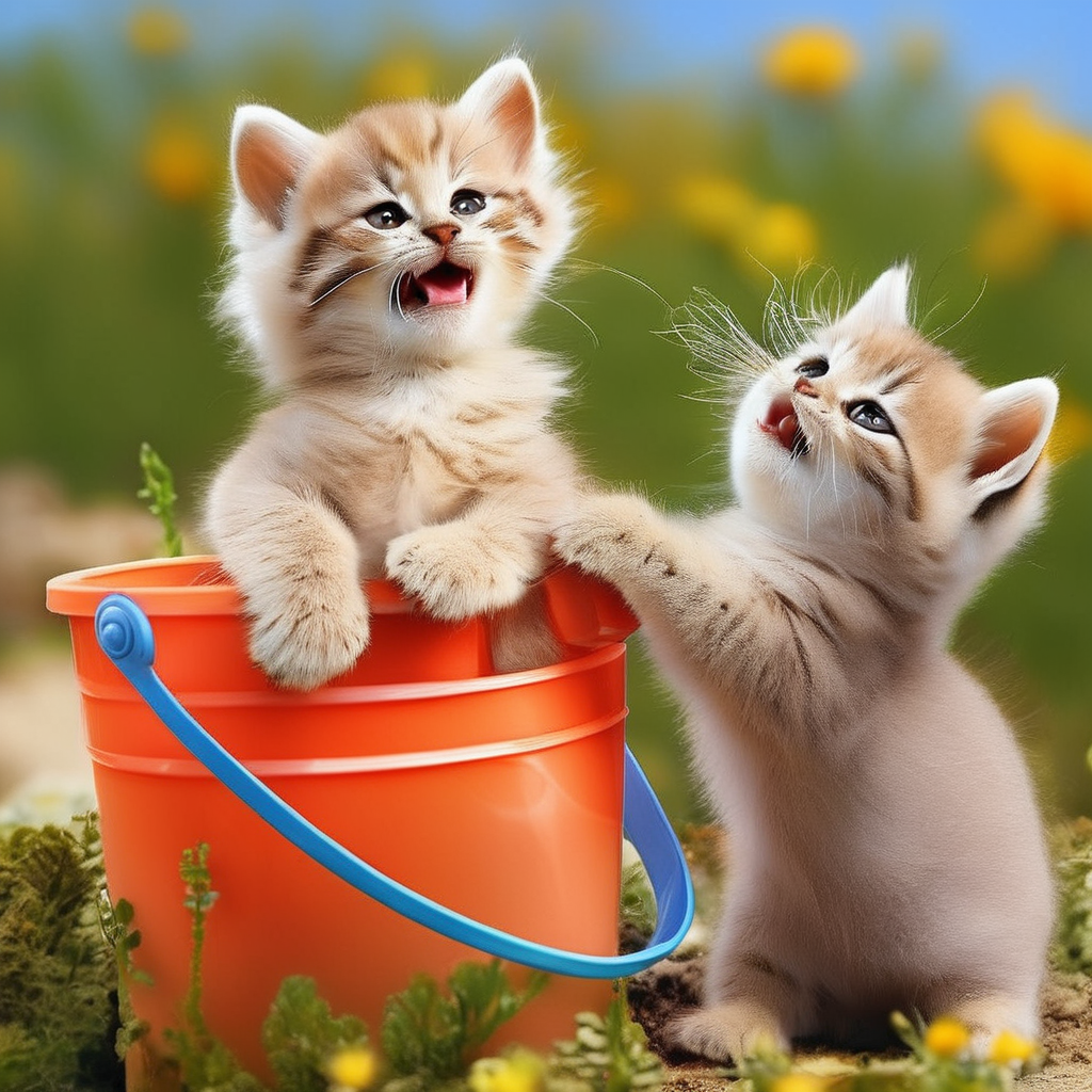 r4alc4ts kittens, playful with bucket, adorable,  nice scenery, detailed, absolutely outstanding image, <lora:fluffykitten_XL_LoRA:0.85>