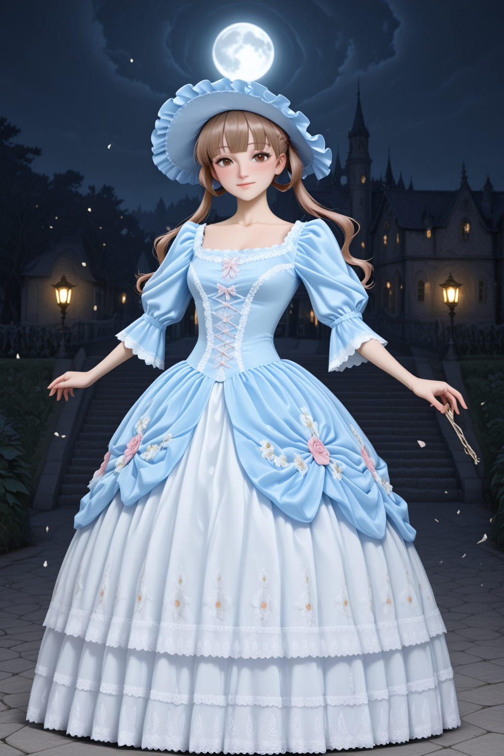 masterpiece, best quality, amazing quality, 1girl, solo, makeup, general, looking at viewer, blush, full body, holding a ornate masquerade mask, serene smile, soft wind blowing, dancing, spread arms, night, moon, sky, anime screencap, castle, garden, moonlit atmosphere, glowing lanterns, scattered petals in the air, grand castle in background, fantasy ambiance, outdoors, <lora:Sugar_Apple_Fairy_Tale_Anne_Halford:0.8>, Sugar_Apple_Fairy_Tale_Anne_Halford, long hair, brown hair, twintails, hair ribbon, hair rings, braid, blunt bangs, brown eyes, breasts, <lora:Blue_Rococo_Style_Vintage_Masquerade_Dress:1>, Blue_Rococo_Style_Vintage_Masquerade_Dress, (white dress, blue dress), gown, long dress, blue headwear, bonnet, frills, lace trim, lace, short sleeves, puffy sleeves, floral print, <lora:wai-2Rectified-V140:1>, <lora:illustrious_noobai_epsilon_pred_1_masterpieces_v1:1>