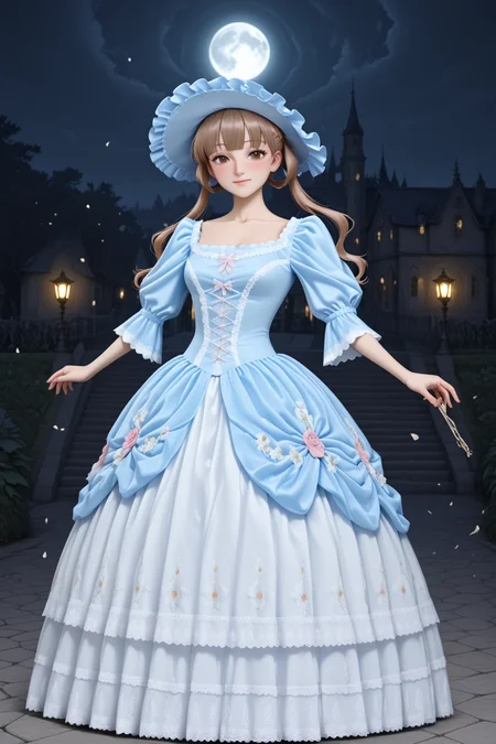 masterpiece, best quality, amazing quality, 1girl, solo, makeup, general, looking at viewer, blush, full body, holding a ornate masquerade mask, serene smile, soft wind blowing, dancing, spread arms, night, moon, sky, anime screencap, castle, garden, moonlit atmosphere, glowing lanterns, scattered petals in the air, grand castle in background, fantasy ambiance, outdoors, <lora:Sugar_Apple_Fairy_Tale_Anne_Halford:0.8>, Sugar_Apple_Fairy_Tale_Anne_Halford, long hair, brown hair, twintails, hair ribbon, hair rings, braid, blunt bangs, brown eyes, breasts, <lora:Blue_Rococo_Style_Vintage_Masquerade_Dress:1>, Blue_Rococo_Style_Vintage_Masquerade_Dress, (white dress, blue dress), gown, long dress, blue headwear, bonnet, frills, lace trim, lace, short sleeves, puffy sleeves, floral print, <lora:wai-2Rectified-V140:1>, <lora:illustrious_noobai_epsilon_pred_1_masterpieces_v1:1>