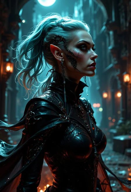 A beautiful older female malevolent evil dark sinister vampire goth demon seductress, wearing intricate translucent leather outfit, motion, movement, looking away, digital painting, octane render, hd, borealis, eerie moonlight illumination, soft warm ambient glow, cinematic Lighting, Realistic, Sharp Focus, dark, evil, dynamic, view from below, wide shot, sci-fi concept art portrait, hyperdetailed intricately detailed sf art, detailed matte painting, deep color, fantasy concept art, masterpiece, photography, bioluminescent,80mm lens, 8k,