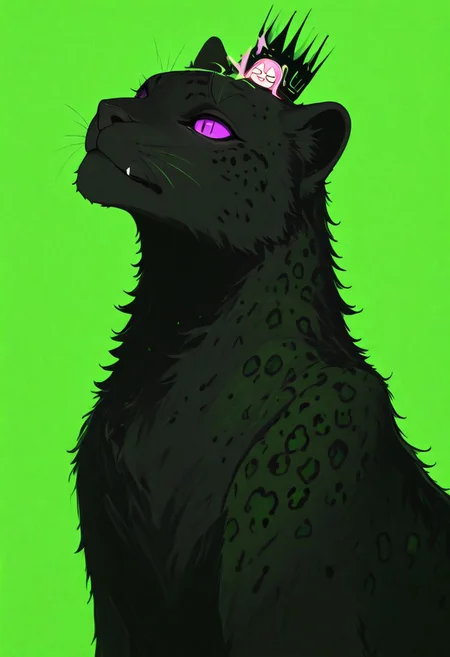 an elegant leopard lounging on a pink and green background, with bold brush strokes that convey movement and energy. The background is a vibrant mix of pinks, reds, greens, and yellows, creating a lively atmosphere. A small crown adorns its head, adding to its regal demeanor. This artwork portrays the jaguar as both a majestic creature and a fashion icon in an urban setting.
, xxx667_illu, melanch0ly, <lora:illustriousXL_stabilizer_v1.23:0.3> <lora:NOOB_vp1_detailer_by_volnovik_v1:0.3> <lora:ponyv6_noobE11_2_adamW-000017:0.3> <lora:XXX667:0.7> <lora:MelancholyAnime:0.8>