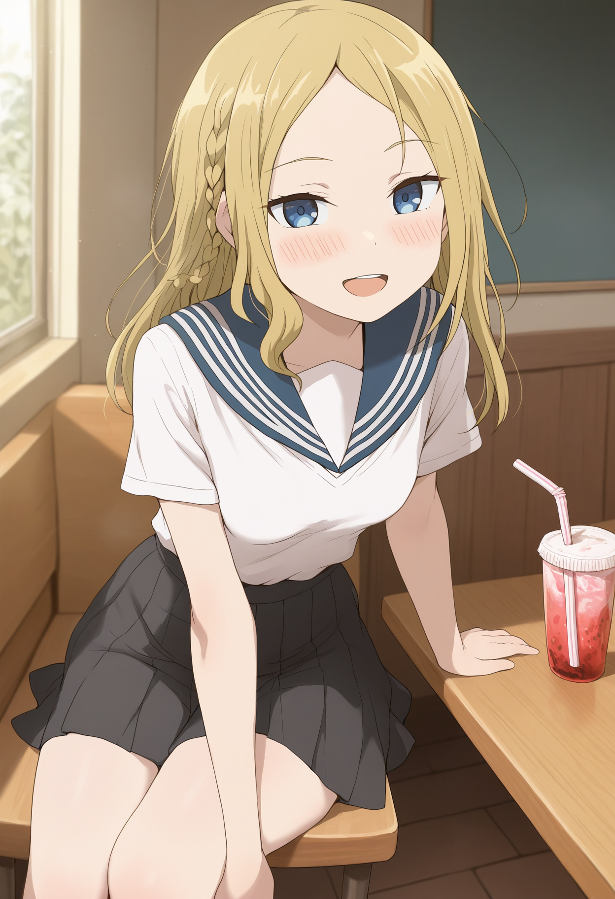 masterpiece,best quality,amazing quality,
parted bangs, hayasaka ai, long hair, solo, 1girl, looking at viewer, skirt, sitting, bangs, blonde hair, blue eyes, sailor collar, school uniform, open mouth, serafuku, smile, short sleeves, drinking straw, shirt, blush, braid, white shirt, breasts, indoors, small breasts, pleated skirt, blue sailor collar, forehead, thighs, table,
 <lora:Kuhuku:1>