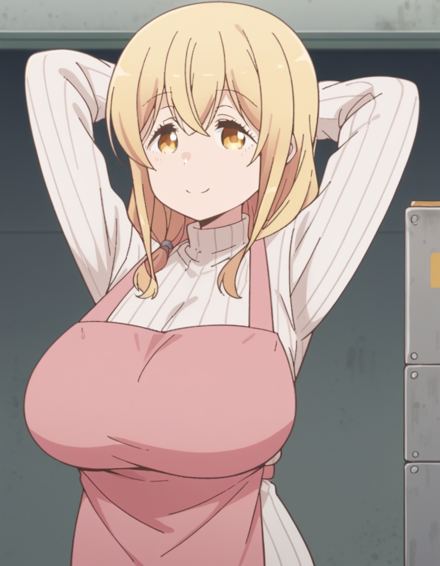 score_9, score_8_up, score_7_up, source_anime, <lora:ayaka-sunohara-s1-ponyxl-lora-nochekaiser:1>, ayaka sunohara, long hair, bangs, blonde hair, yellow eyes, mature female,, long sleeves, yellow eyes, large breasts, apron, sweater, turtleneck, ribbed sweater, turtleneck sweater, white sweater, pink apron, construction site, machines, workers, progress, dirt, smile, hands behind head,, looking at viewer, solo,, dutch angle, cowboy shot