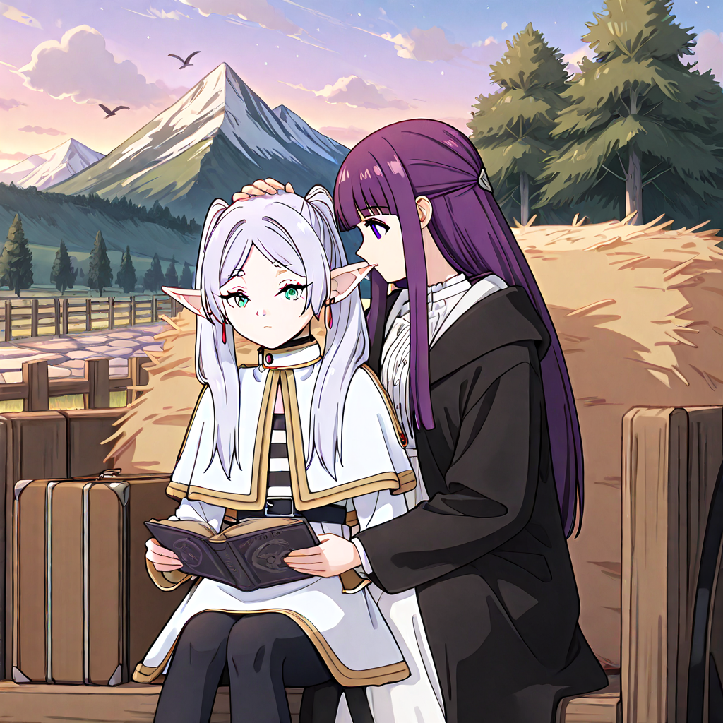 absurdres, sensitive, 2girls, frieren, fern, sitting, hay cart, hay, wagon, elf, grey hair, twintails, capelet, black pantyhose, purple hair, long hair, straight hair, white dress, long sleeves, robe, open book, holding book, suitcase, sky, cloud, tree, rural, fence, mountain, stone road, hand on another's head, headpat, bird, upper body, close-up, female hand, greenery, <lora:haycart_ilxl:1>