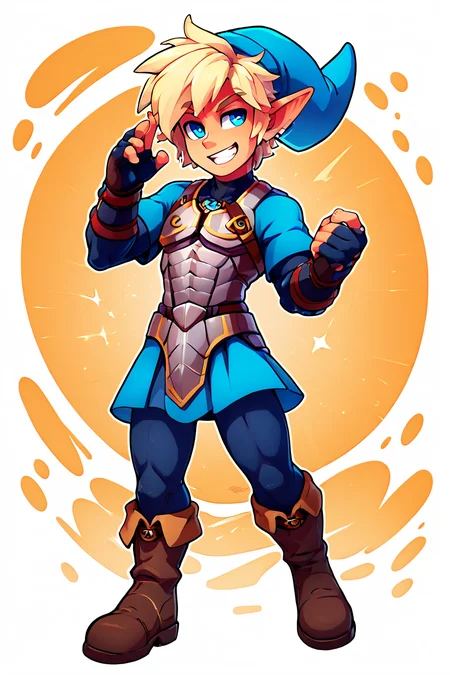 score_9, score_8_up, score_8, BREAK, , zzFierceDeity, 1boy, armor, gloves, boots, hat, fingerless gloves, dynamic pose, <lora:FierceDeityLink_PDXL:0.8>,, BREAK, smile, looking at viewer, ,,, abstract background, white outline, cowboy shot, ,,, embedding:zPDXL, Expressiveh, ,,, <lora:theOtherHalfPDXL:0.8>, <lora:CatalystStylePDXL:0.6>, <lora:SDXLFaeTastic2400:0.5>, <lora:Expressive_H-000001:0.4>,