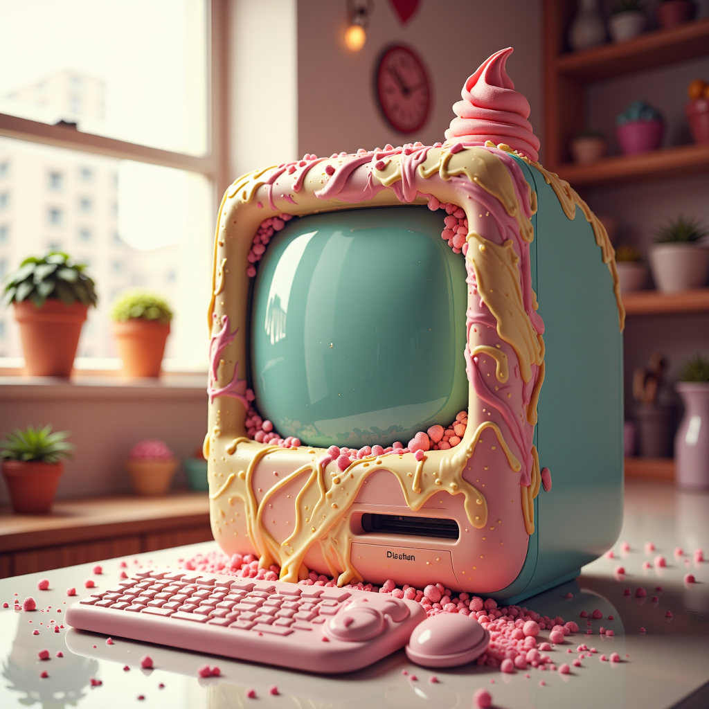 a professional (film grain:1.2) photography of a made entirely out of ice cream GelatoStyle desktop computer<lora:GelatoStyleFlux:0.75>
