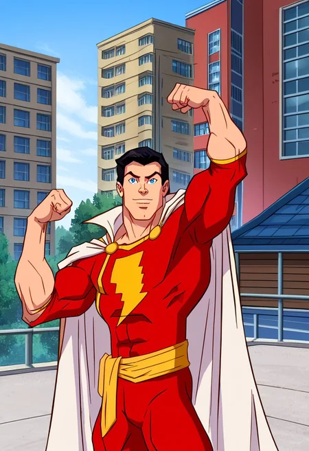 High Quality,  Shazam,  solo, 1man, flexing arms, black hair, blue eyes, red suite, white cape, red hero suite, muscle body, posing on the roof of a building,