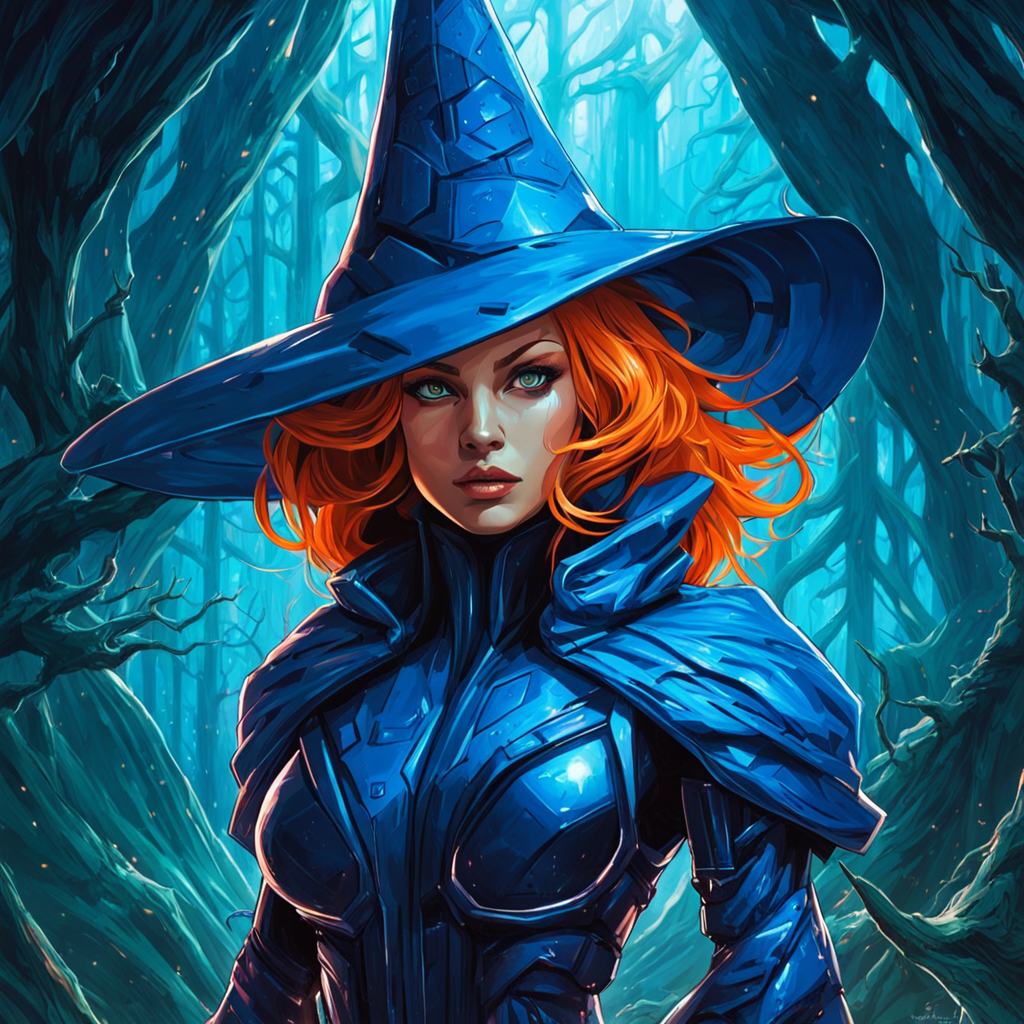 masterpiece, best quality, angry female witch in the forest with arms crossed wearing a blue pointy hat and orange hair and a blue cape and blue cloak by dnmumfrd <lora:dan_mumford_v1:1.2>, Crystal Caverns . Majestic underground city carved from stunning natural crystal formations, translucent spires, glittering architecture, sci-fi style  . futuristic, technological, alien worlds, space themes, advanced civilizations, techwear fashion  . futuristic, cyberpunk, urban, tactical, sleek, dark, highly detailed, Heroic Realist sculpture  . Figures with idealized musculature posing dynamically, celebrating ideals of mass utopian culture, Kinetic sculpture  . Moving parts, plays of light, floating shapes, real motion that transforms itself
