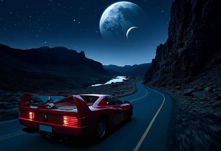 Amateurish quality, wide-angle nighttime photo featuring a red Ferrari Testarossa driving on high speed on a road in an otherworldly, rocky landscape. The car’s iconic sharp angles and wide rear are visible, with its taillights glowing brightly, casting faint reflections on the rough terrain. Towering jagged rock formations surround the scene, creating an alien-like atmosphere, while a distant, winding river glows faintly in the background. Above, a massive moon and several planets hang in the starry sky. The imperfect framing and uneven lighting add to the amateurish, spontaneous aesthetic, making it look like a candid shot taken by a traveler in a fantastical world, eerie atmosphere, low light, underexposed, in motion, smeared details