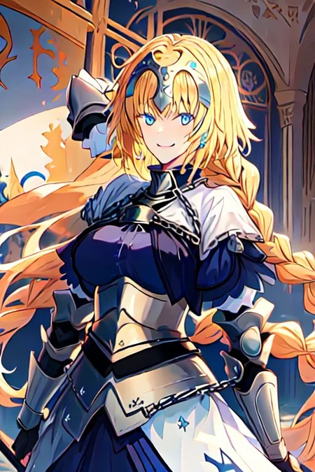 solo, 1girl, solo_focus,
jeanne_d_arc_fgo, blonde_hair, long_hair, blue_eyes, breasts, very_long_hair, headpiece, smile, braid, gauntlets, single_braid, large_breasts, bangs, chain