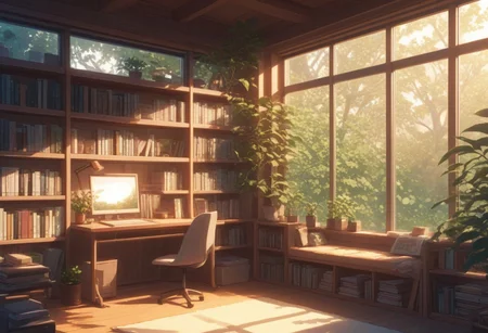 FFCB, Simple Anime, Cozy study corner at the library, plant, bookshelves, reading lamp, big glass windows
