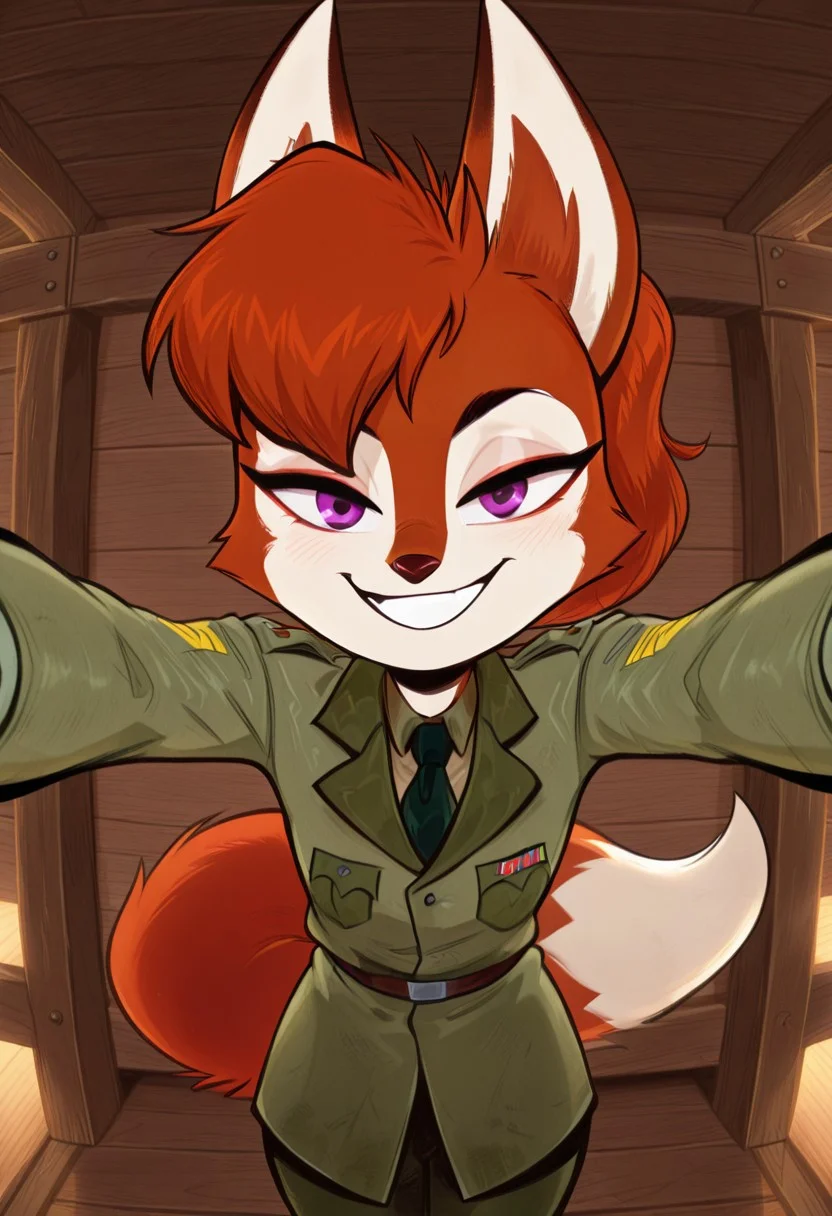 masterpiece, best quality, absurdres,  amazing quality, BREAK, militaray barracks, bunk beds, BREAK, 1girl,  (Mouritzeen), (female, anthro, fox, purple eyes, red fur, white face, expressive eyebrows), (military uniform, olive green jacket, retro military style), BREAK, looking at viewer, smile, grin, (kabedon on viewer), BREAK, extremely detailed, nsfw